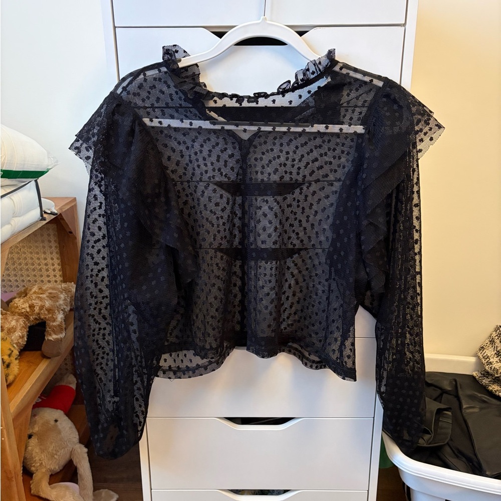 Zara Black Sheer Polka Dot Ruffle Blouse - Women Tops